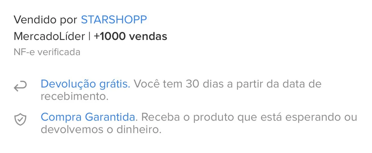 Tela do Mercado Livre com dados da Star Shopp, mais de mil vendas, devolução grátis e compra garantida