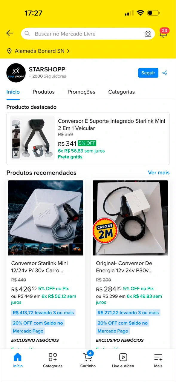 Página da Star Shopp no aplicativo do Mercado Livre